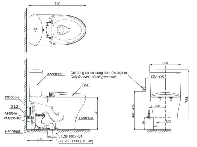 Cs838Cdw17#Xw Bàn Cầu Hai Khối