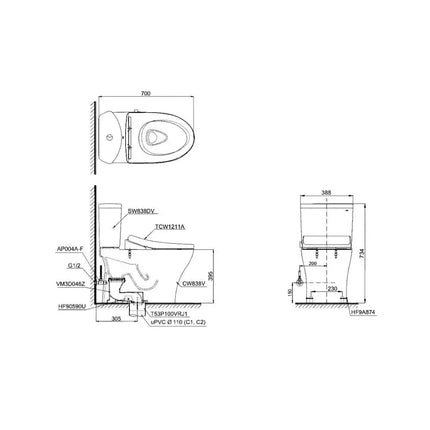 Cs838De4#Xw Bàn Cầu Hai Khối
