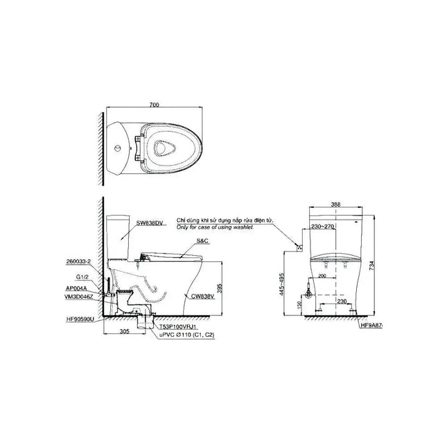 Cs838Dt10#Xw Bàn Cầu Hai Khối