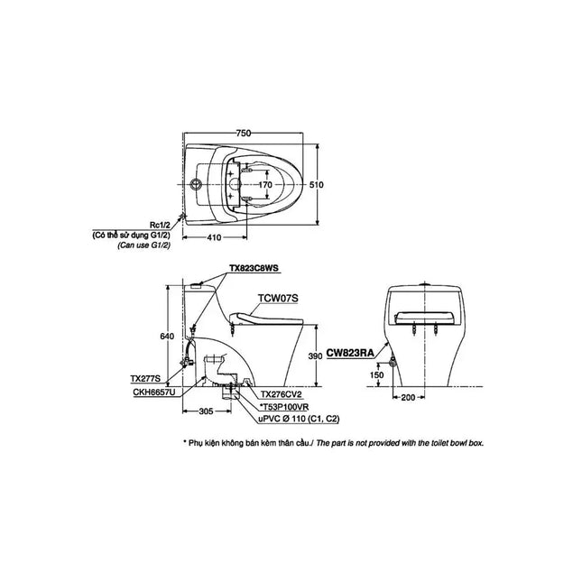 Cw823Rae2#W T53P100Vr Bàn Cầu Một Khối