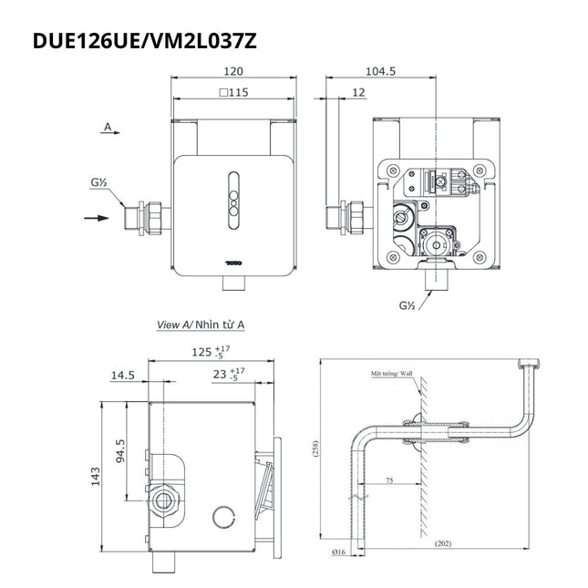 Van Xả Tiểu TOTO DUE126UEA VM2L037Z Cảm Ứng Dùng Điện Kèm Ống Nối