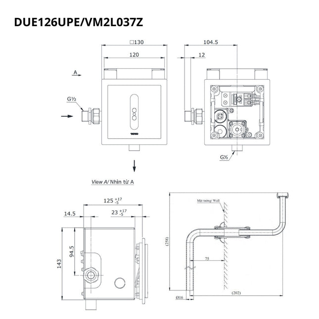 Van Xả Tiểu TOTO DUE126UPEA VM2L037Z Cảm Ứng Dùng Điện Kèm Ống ối
