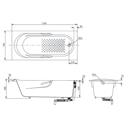 Bồn tắm TOTO FBY1720NHPE#W TVBF412 DB505R-2B gang tráng men 1m7 tay vịn gồm bộ xả thải