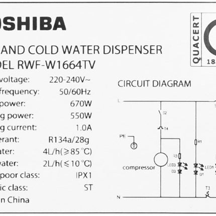 Cây nước nóng lạnh Toshiba RWF-W1664TV(W1) 670W