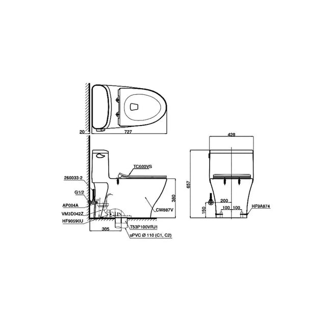 Bàn cầu một khối MS887RT8#XW | Thiết Bị Vệ Sinh TOTO
