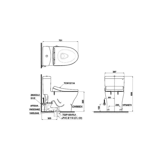 Ms889Dre4#Xw Bàn Cầu Một Khối