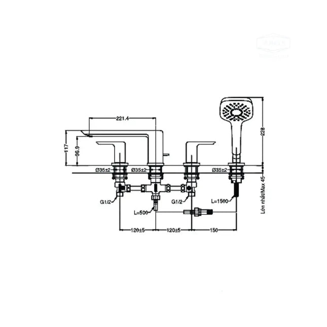 Vòi xả bồn nóng lạnh kèm sen tắm GR (4 lỗ) TBG02202BB | Thiết Bị Vệ Sinh TOTO