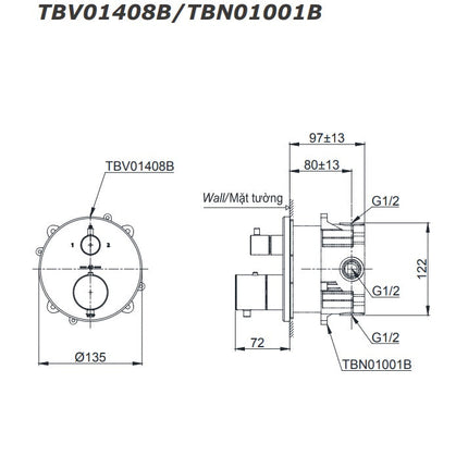 Van Điều Chỉnh Nhiệt Độ TOTO TBV01408B TBN01001B 2 Hướng
