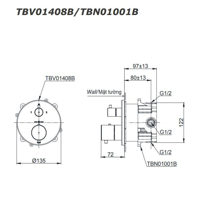 Van Điều Chỉnh Nhiệt Độ TOTO TBV01408B TBN01001B 2 Hướng